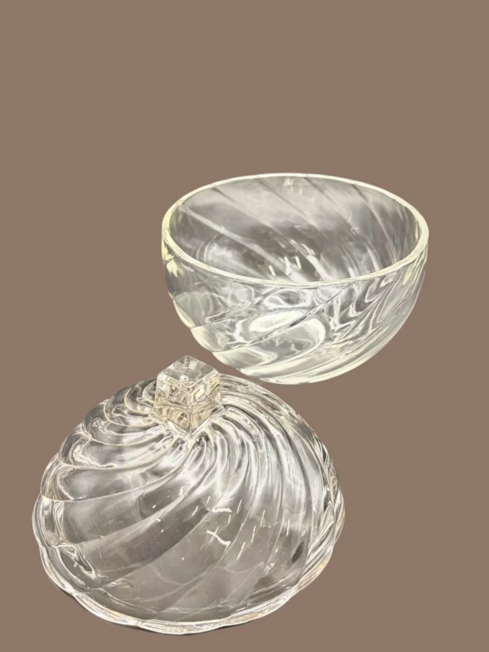 Vintage Federal Glass Optic Swirl Covered Candy Dish Clear Glass Lidded Jar 6.5